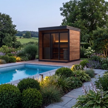 Gartensauna aus Thermoholz mit nordischem Design